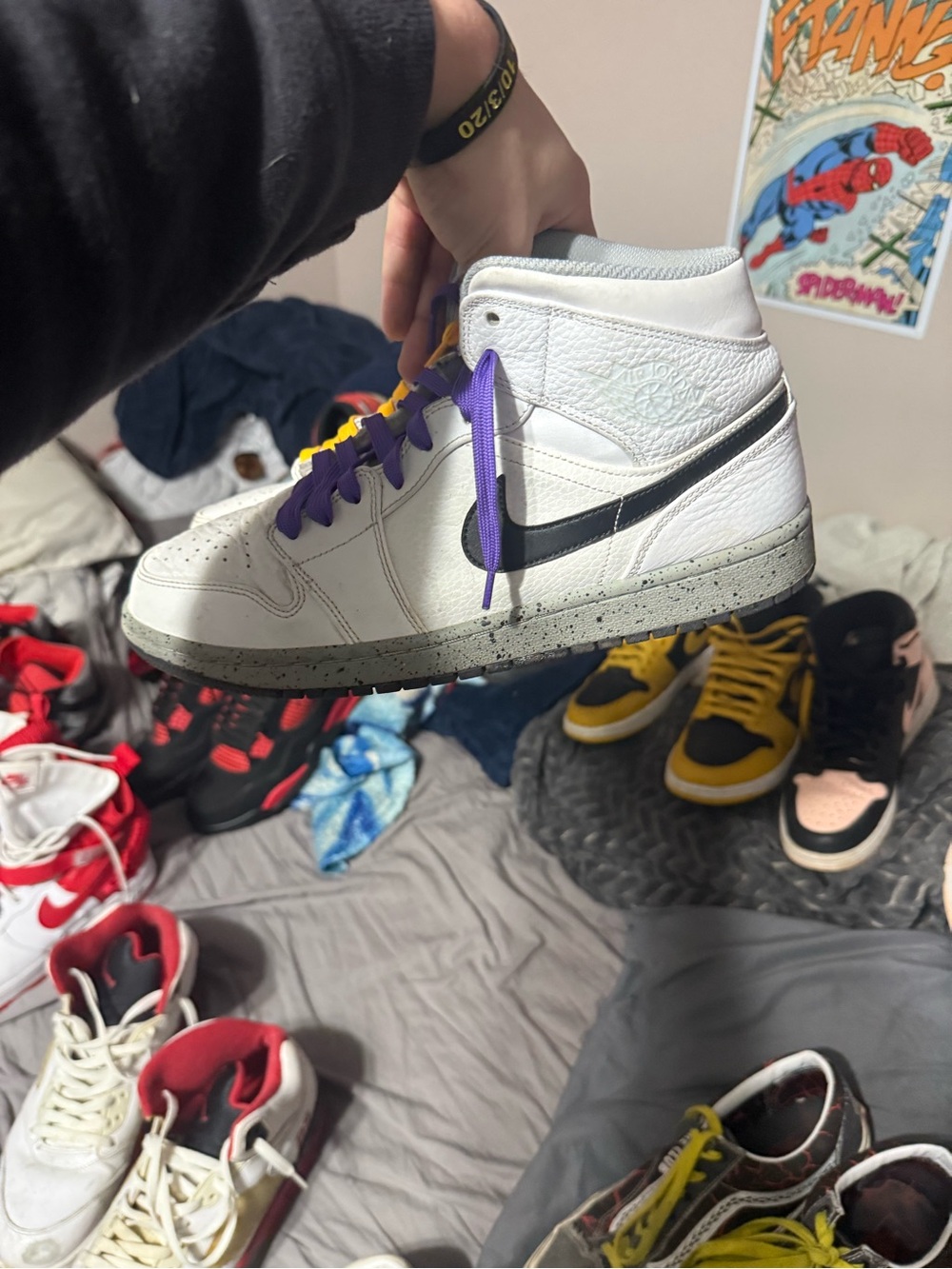 Nike Air Jordan 1 High White with Black Swoosh & Purple and Yellow Laces